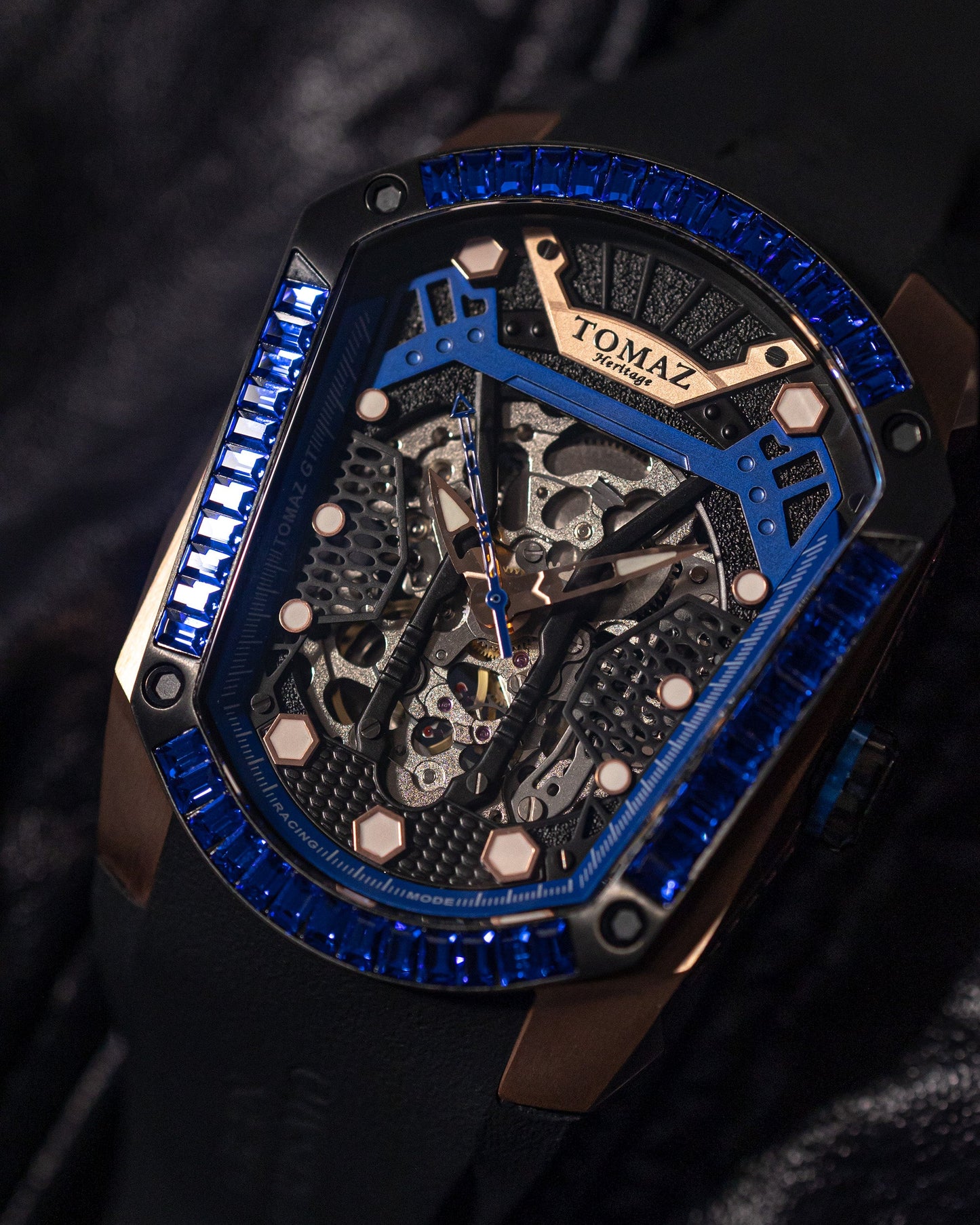 GT Skeleton TW028-D7 (Rosegold/Blue) with Blue Swarovski (Black Rubber Strap)
