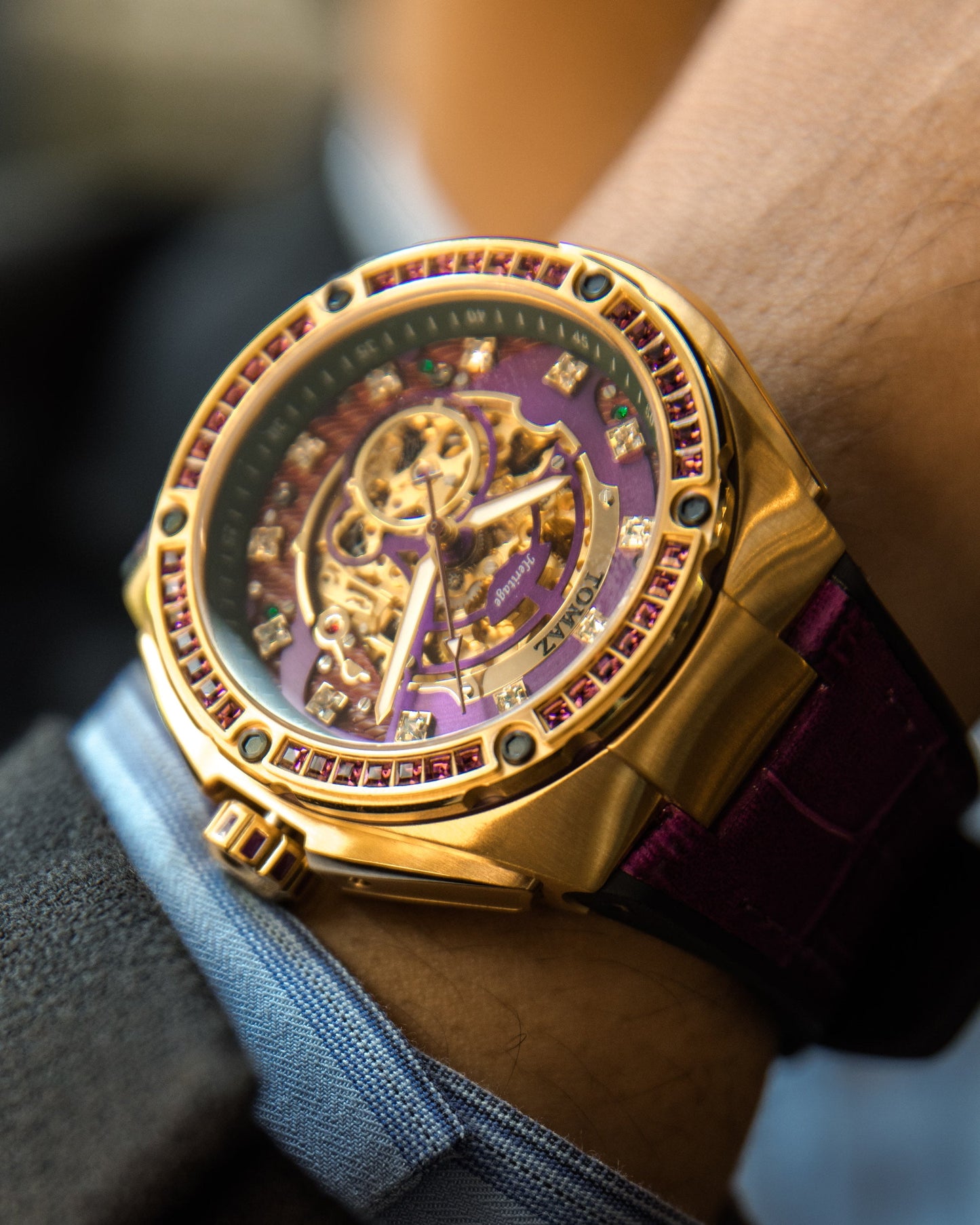 Xavier XL TW033-D6 (Gold/Purple) with Purple Swarovski (Purple Bamboo Leather Strap)