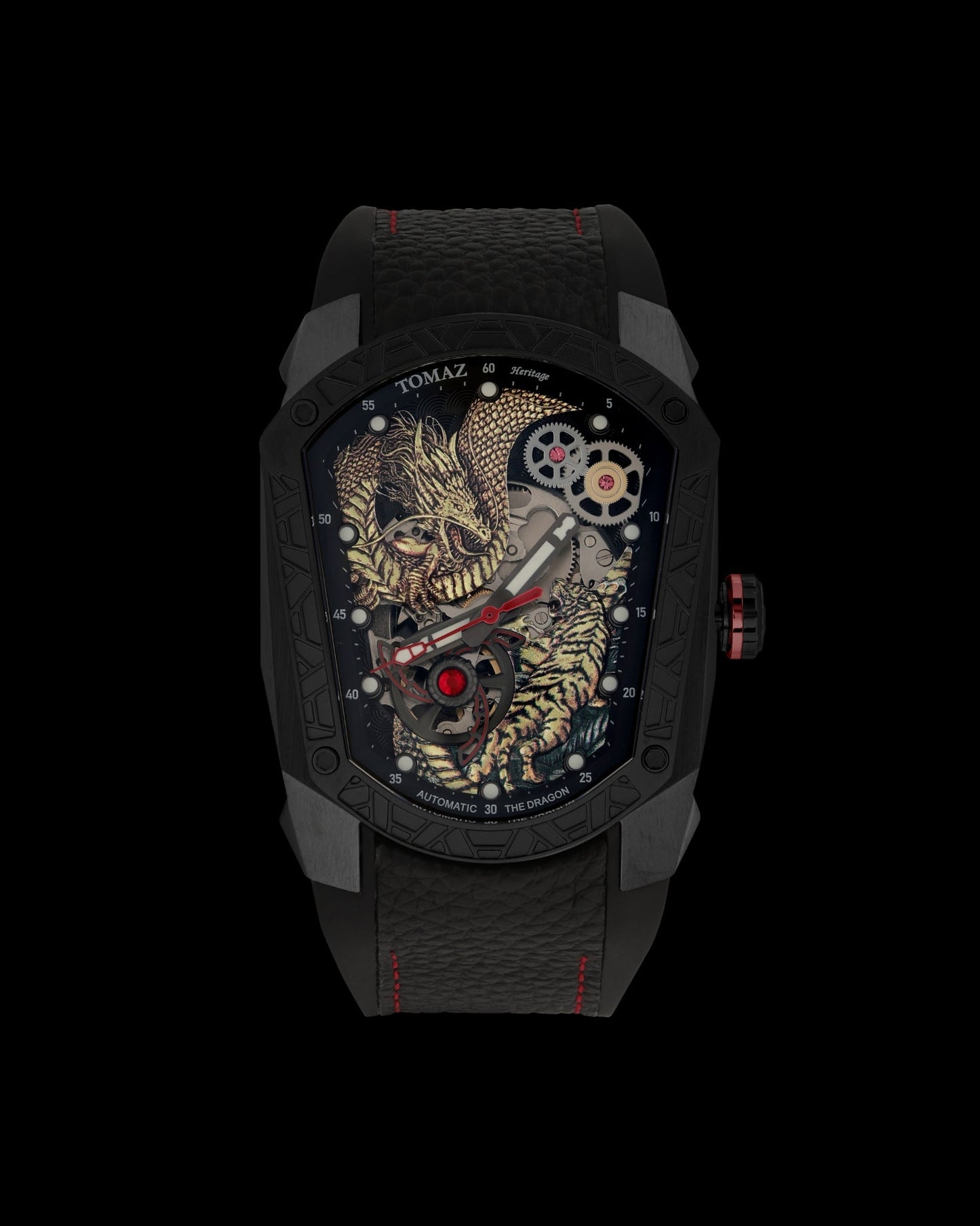 GT Dragon/Tiger TW028-ID5 (Black/Golden) with Black Rubber Leather Strap