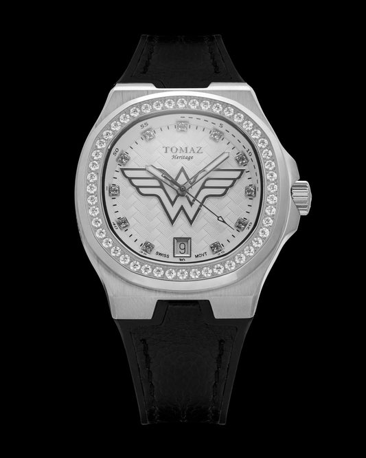 DC Wonder Woman TQ029L-BD2 (Silver/White) with White Swarovski Crystal (Black Silicone Strap)