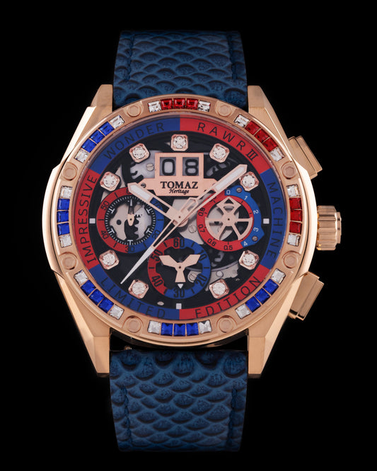 RAWR III TW024I-D9 (Rosegold) with Blue Red Swarovski (Blue Salmon Leather Strap)